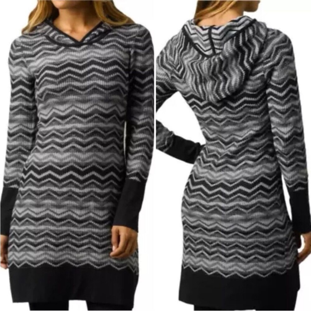 prAna black gray Chevron Knit Sweater Meryl Hooded Dress small